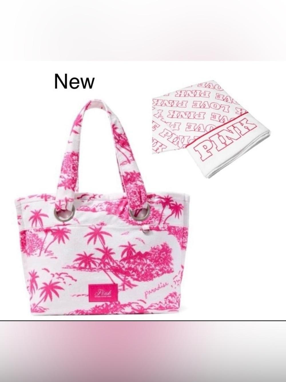 PINK Victoria's Secret White & Hot Pink Tropical Tote with Towel